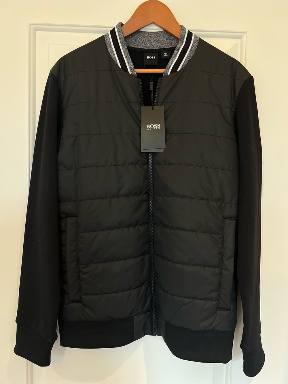 BOSS Black Quilted Bomber with Striped Collar